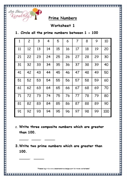 Grade 5 Maths Resources: Prime Numbers Printable Worksheets - Lets
