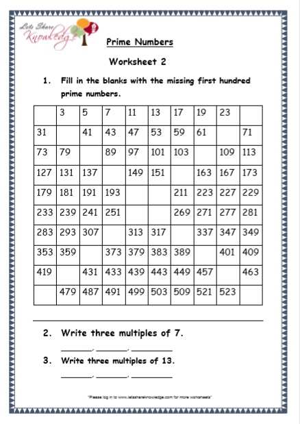 Prime Numbers Worksheet Grade 5