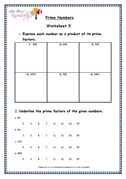 Grade 5 Maths Resources Prime Numbers Printable Worksheets Lets Share Knowledge