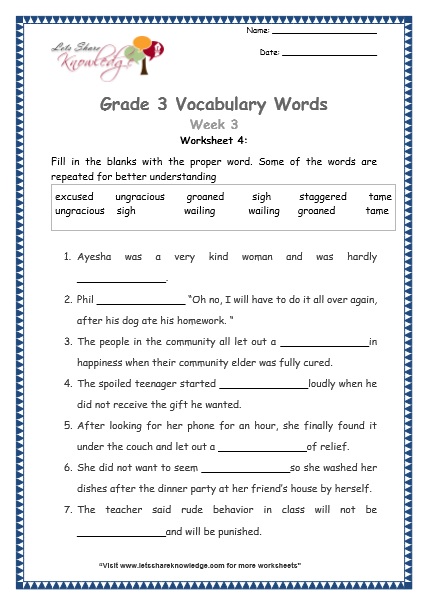 vocabulary worksheets grade 3