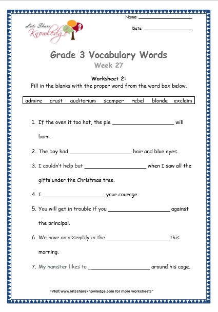 Grade 3 Vocabulary Worksheets Week 27 Lets Share Knowledge