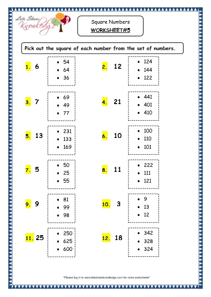 Square Numbers Worksheet Grade 6