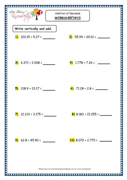 grade 4 maths resources 35 addition of decimals printable worksheets