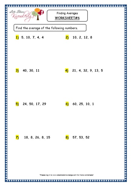 Grade 4 Maths Resources (5.1 Finding Averages Printable Worksheets