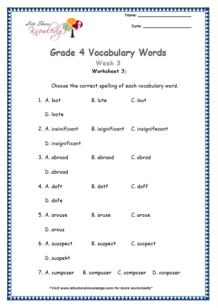 grade 4 vocabulary worksheets week 3 lets share knowledge