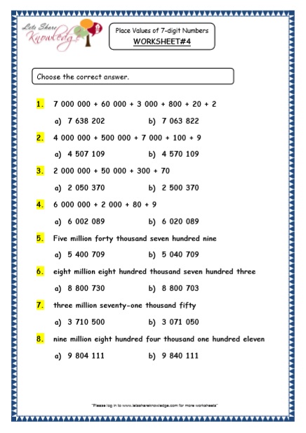 grade 5 maths resources 7 digit numbers printable