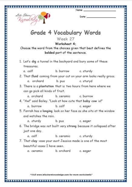 Grade 4 Vocabulary Worksheets Week 27 Lets Share Knowledge