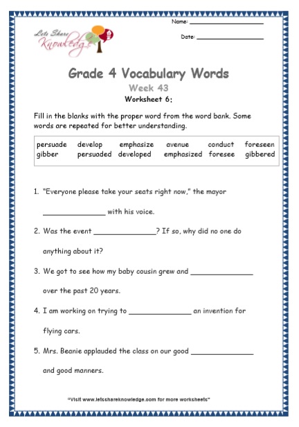 Grade 4: Vocabulary Worksheets Week 43 – Lets Share Knowledge