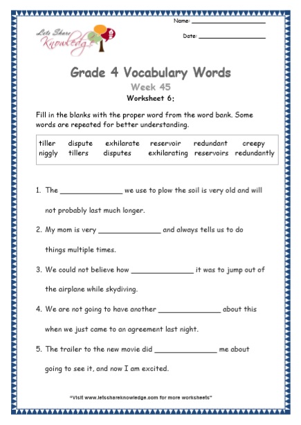 Grade 4: Vocabulary Worksheets Week 45