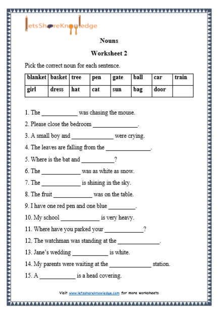 Worksheets For Grade 1 English Grammar Nouns