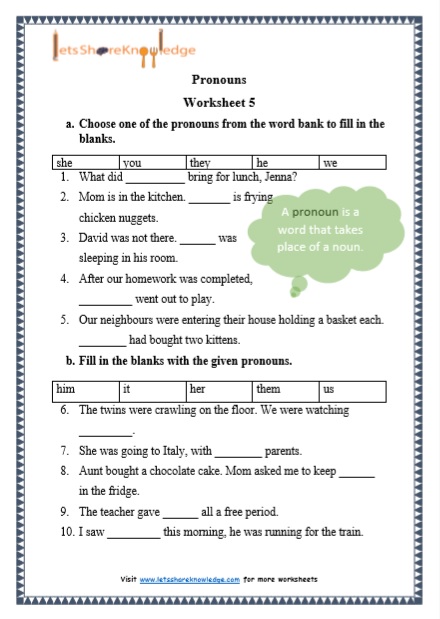 grade 1 grammar pronouns printable worksheets lets share knowledge