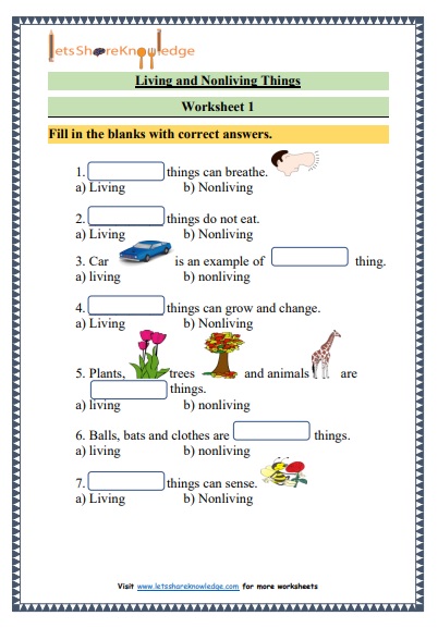 grade 1 science living and nonliving things printable worksheets lets share knowledge