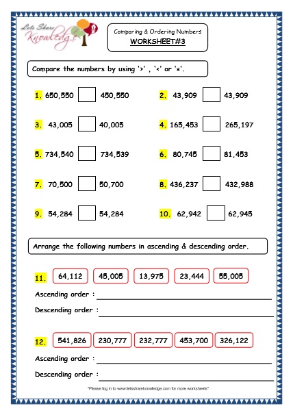 Ordering Numbers Worksheet Grade 4
